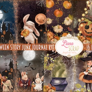 Kit digital de diario basura de historias de Halloween imprimible, hojas de collage digitales de criaturas mágicas de Halloween, kit de diario basura de Halloween