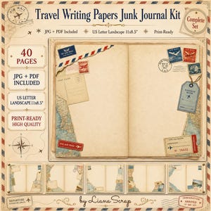 Op de afbeelding: Een reisdagboek-set met 40 pagina's in US Letter Landscape formaat 27,94 x 21,59 cm. De set bevat JPG- en PDF-bestanden met vintage reisthema's, waaronder landkaarten, luchtpostranden, postzegels en bagagelabels voor creatieve projecten.