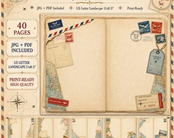 May include: A Travel Writing Papers Junk Journal Kit featuring 40 pages in US Letter Landscape 11x8.5 inches format. The kit includes JPG and PDF files with vintage travel-themed designs, featuring maps, airmail borders, stamps, and luggage tags.