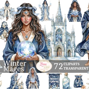 Ensemble de 72 cliparts Winter Mages - illustrations magiques de l'hiver, PNG transparent, art numérique, autocollants pour agenda, scrapbooking, mystique