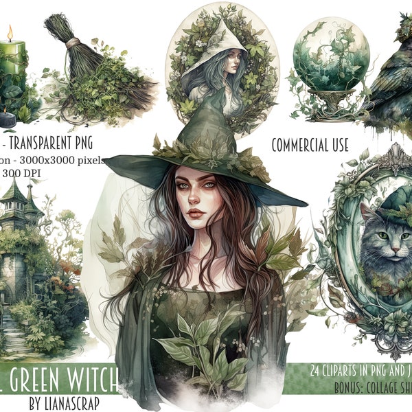 Herbal Green Witch Clipart PNG Set, 24 witch clipart, commercial use watercolor clip art, PNG herbal witch theme illustrations