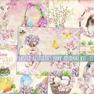 Easter Aesthetics Junk Journal Digital Kit Printable, Spring Flowers and Bunnies Digital Collage Sheets, Junk Journal Paper