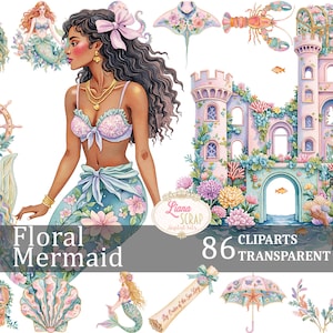Clipart de sirène florale 86 Images PNG transparents planificateur numérique autocollants Design floral thème océan, sous-marin, sirène florale