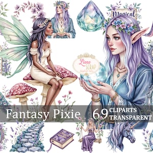 Clipart fantastique lutin - licorne, fée, cristaux, créatures magiques art numérique - 69 images