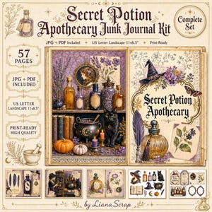 Può includere: Un kit per junk journal Secret Potion Apothecary con 57 pagine in formato orizzontale US Letter 27,9x21,6 cm. Il kit include grafiche stampabili di un gatto nero, un calderone, boccette, zucche e un cappello da strega in toni viola e oro.