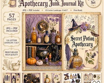 May include: A Secret Potion Apothecary junk journal kit featuring 57 pages in US Letter landscape 11x8.5 inch format. The kit includes printable graphics of a black cat, a cauldron, potion bottles, pumpkins, and a witch hat in purple and gold tones.