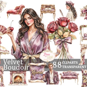 Fluwelen boudoir 88 clipartset, aquarel PNG, vintage digitale kunst, plannerstickers, boudoirdecor, damesmode, romantisch, vintage