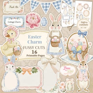 May include: A collection of Easter-themed fussy cuts featuring bunnies, eggs, and floral elements. The design includes tags, banners, and a duckling, all in soft pastel colors. The text "Easter Charm" and "Fussy Cuts" are visible.