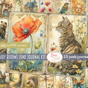 Fairy Blooms Junk Journal Digitale Kit Afdrukbaar, Grillig afdrukbaar collageblad, Fantasy Woodland Junk Journal Paper, Natuursprookje