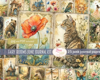 Fairy Blooms Junk Journal Digitales Kit zum Ausdrucken, skurriles druckbares Collageblatt, Fantasy Woodland Junk Journal Papier, Naturmärchen