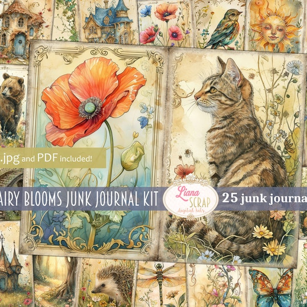 Kit numérique de journal indésirable Fairy Blooms imprimable, feuille de collage imprimable fantaisiste, papier pour journal indésirable Woodland fantastique, conte de fées de la nature