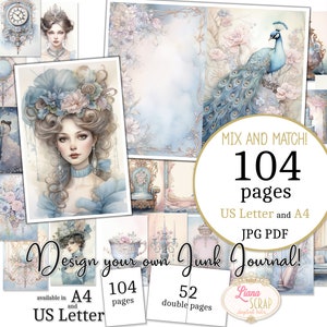 Junk Journal - Regency Blue - Tamaño carta de EE. UU. y A4, páginas para mezclar y combinar, papel digital Vintage Regency Elegance en PDF y JPG imprimibles