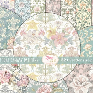 Patrón floral de damasco, fondo de diario basura digital, papel de diario basura en estilo vintage para fondos, sobres y adornos