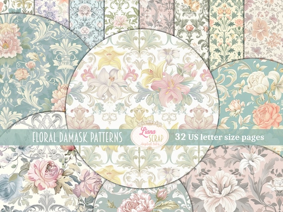 Floral Damask Junk Journal Paper, Vintage Scrapbook Backgrounds (Digital Download)