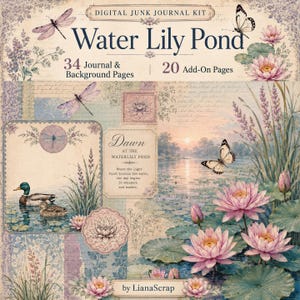 Pode incluir: Kit de diário digital "Water Lily Pond" com 34 páginas de diário e fundo e 20 páginas adicionais. A imagem apresenta uma cena de lagoa serena com nenúfares, libélulas e borboletas, com o texto "Dawn at the Waterlily Pond".
