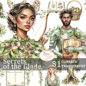 Ensemble de 81 cliparts numériques Les secrets de la clairière - aquarelles de fées, animaux, forêt PNG pour travaux manuels, autocollants pour agenda, livre de contes fantastiques