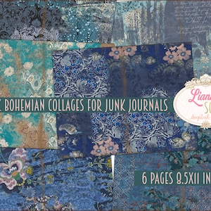 Kit digital de diario basura de collage boho oscuro imprimible, hojas de collage digital boho azul, papel de diario basura