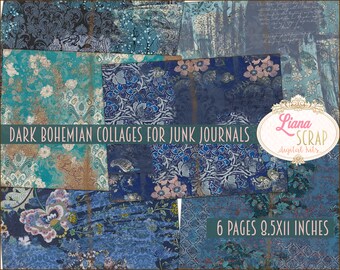 Kit de diario basura bohemio oscuro, páginas de collage azules (descarga digital)