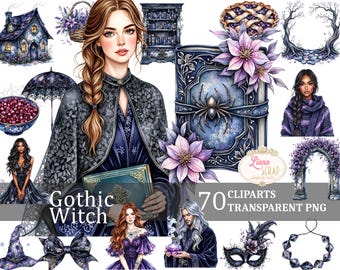 Gothic Witch Clipart Set, Dark Academia PNG Graphics (70 Images)