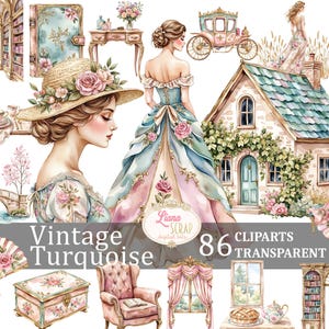 Vintage Türkis 86 digitale Clip Art-Set, transparente PNG, florale Vintage Grafiken, viktorianische Illustration, Scrapbooking, Papierhandwerk