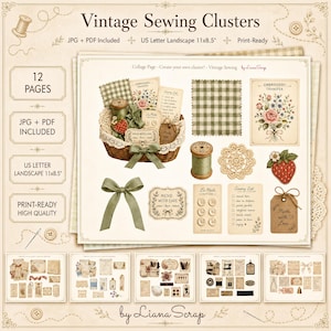 May include: A digital collage sheet titled "Vintage Sewing Clusters" featuring sewing-themed elements. Includes a basket with fabric, spools of thread, buttons, tags, and a green bow. The design is in a vintage style with text that reads "Mend with Care."