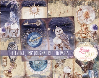 May include: A collage of celestial-themed junk journal pages. The design features owls, clocks, globes, and orbs, with a starry night sky backdrop. The text "Celestial Junk Journal Kit - 16 Pages" is visible.