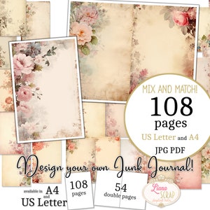Junk Journal - Floral Briefpapier - US Letter en A4 formaat, Mix en Match Pagina's, Vintage papier met Bloemenrand Digitaal Papier in PDF en JPG