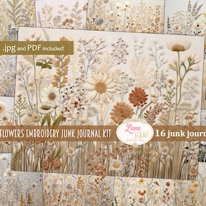 Fundo de diário de lixo digital bordado de flores silvestres bege, colagem de bordado vintage imprimível, kit digital, diário de lixo digital