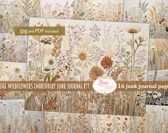 Beige Wildflowers Embroidery Digital Junk Journal Background, Vintage Embroidery Collage Printable, Digital Kit, Digital Junk Journal