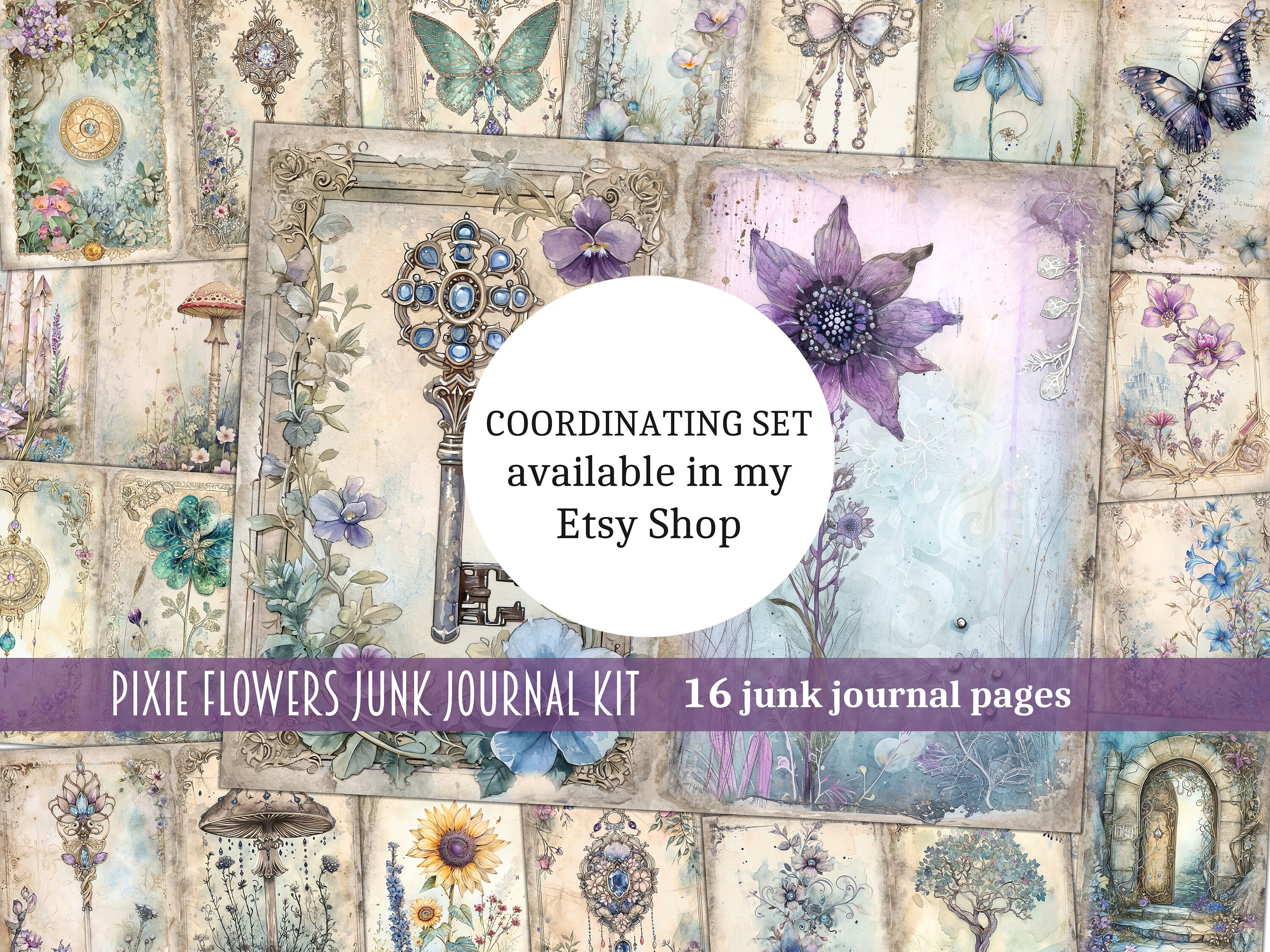ピクシーパープルジャンクジャーナルキット、妖精、蝶、花を使っ