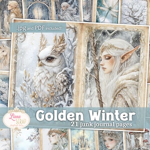 Golden Winter Junk Journal Kit, 21 pagina's, Elven Forest Winter Paper om op te schrijven, Frozen and Frost World, afdrukbare fantasiecollage