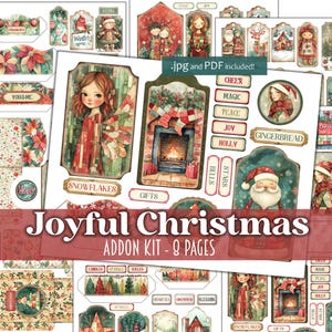 Kit ADDON Joyful Christmas Digital Junk Journal - 8 páginas com recortes - Scrapbooking de férias, arte de Natal, etiquetas, envelopes e bolsos