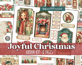 May include: A digital scrapbooking kit with 8 pages of Christmas themed images. The images include a fireplace, snowflakes, a gingerbread house, a girl with wings, and a Santa Claus. The kit is available in JPG and PDF formats.