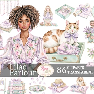 Ensemble de cliparts lilas salon 86, PNG floral vintage, art numérique, autocollants pour agenda, transparent, vintage Lady Boudoir, victorien féminin