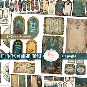 Coupes pointues de la forêt de minuit imprimable, éphémères de journal indésirable, téléchargement numérique, embellissements vintage pour journaux indésirables