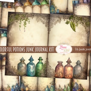 Può includere: Un kit di diario di scarto digitale con 16 pagine che presentano bottiglie di pozioni colorate con etichette ornate e un'estetica vintage. Il kit include pagine con diverse disposizioni di bottiglie ed elementi decorativi.