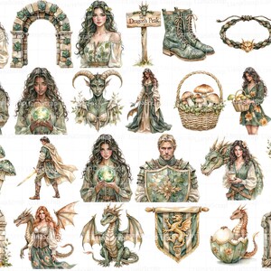 Fantasy Lady Dragon Clipart Set, Watercolor Illustrations (PNG) image 4