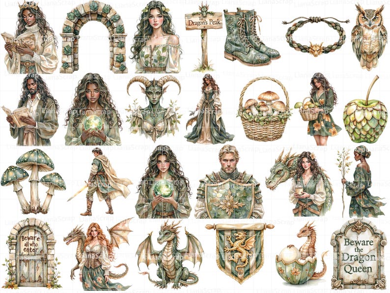 Fantasy Lady Dragon Clipart Set, Watercolor Illustrations (PNG) image 4