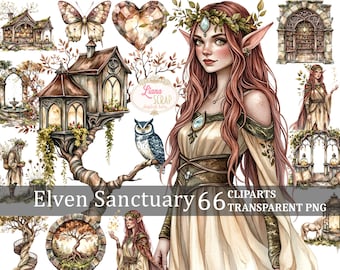 May include: A digital illustration of an elf sanctuary with a tree, a bird, a heart, a butterfly, and a woman with long red hair wearing a white dress and a green crown. The text "Elven Sanctuary 66 CLIPARTS TRANSPARENT PNG" is at the bottom of the image.