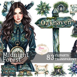 Forêt de minuit 83 Digital Clipart Set PNG Transparent personnages & éléments de la forêt, forêt fantastique, gothique, autocollants de planificateur