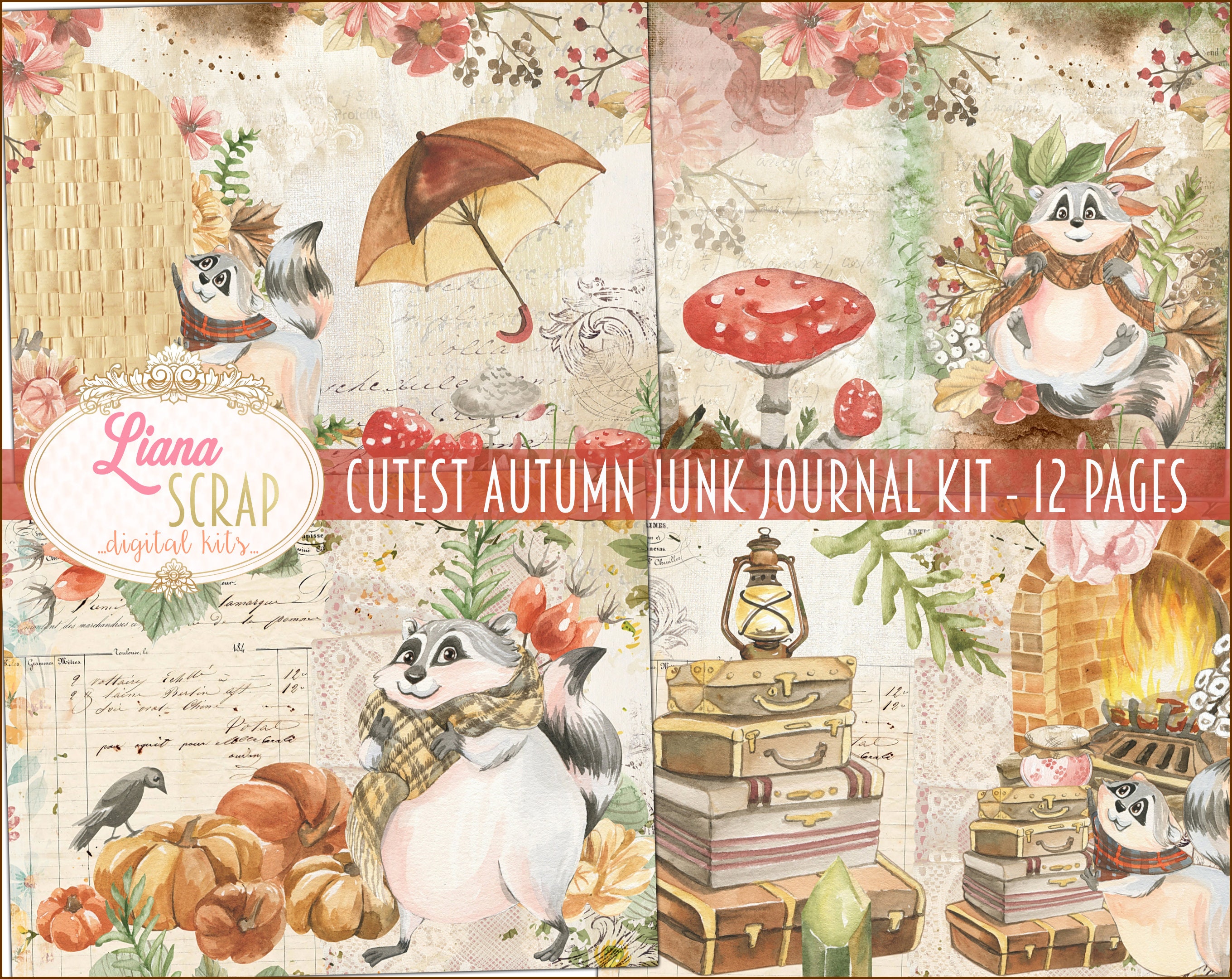 Cute Autumn Junk Journal  Kawaii Digital Paper - Inspire Uplift