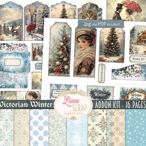 Kit aggiuntivo Victorian Winter Junk Journal, effimeri diari natalizi, ritagli invernali tradizionali, fussycuts natalizi vintage