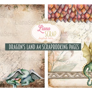 Puede incluir: Dos p&aacute;ginas de scrapbooking digitales con un drag&oacute;n verde con alas amarillas. La primera p&aacute;gina tiene un fondo vintage con texto escrito a mano y un drag&oacute;n durmiendo. La segunda p&aacute;gina tiene un fondo de escamas y un drag&oacute;n de pie sobre un borde estampado.