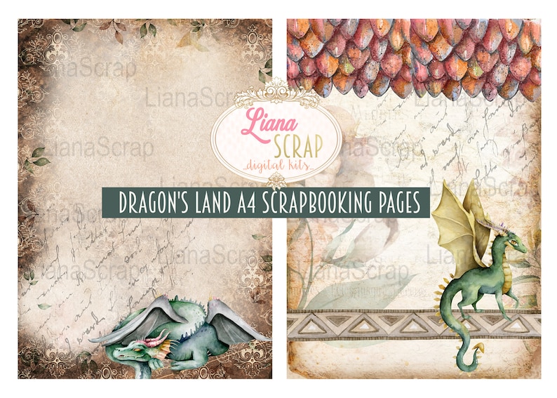 Puede incluir: Dos p&aacute;ginas de scrapbooking digitales con un drag&oacute;n verde con alas amarillas. La primera p&aacute;gina tiene un fondo vintage con texto escrito a mano y un drag&oacute;n durmiendo. La segunda p&aacute;gina tiene un fondo de escamas y un drag&oacute;n de pie sobre un borde estampado.