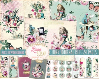 May include: Alice in Wonderland themed digital scrapbook kit with 24 pages featuring illustrations of Alice, the Mad Hatter, the Cheshire Cat, and other characters from the book. The kit includes various elements such as papers, embellishments, and journaling cards.