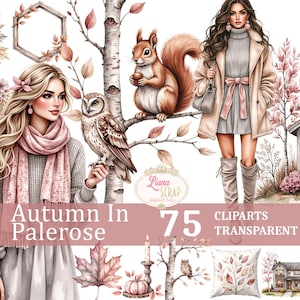 Op de afbeelding: Digitale clipartset met een herfstthema. De afbeelding bevat illustraties van een vrouw, een uil, een eekhoorn en een huis. De tekst "Autumn In Palerose" en "75 Cliparts Transparent PNG" is ook opgenomen. Het kleurenpalet bevat tinten roze, bruin en wit.