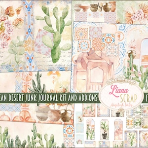 Marokkaanse woestijn junk journal digitale kit afdrukbaar, oase bloemen en vetplanten digitale collagebladen, junk journal papier