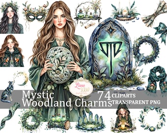 May include: Watercolor digital art featuring a collection of 74 "Mystic Woodland Charms" cliparts. The image includes illustrations of a woman, a wolf, wreaths, a mask, and a stone monument, all in shades of green, blue, and brown.
