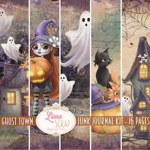 Geisterstadt Junk Journal Digital Kit zum Ausdrucken, magisches Halloween digitale Collage Sheets, Halloween Junk Journal Kit zum ausdrucken