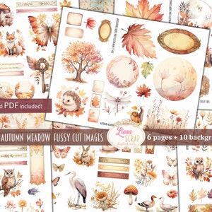 Coupes pointues de prairie d'automne, collage de flore et de faune imprimable, kit automne numérique, journal numérique éphémère thème automne à couper